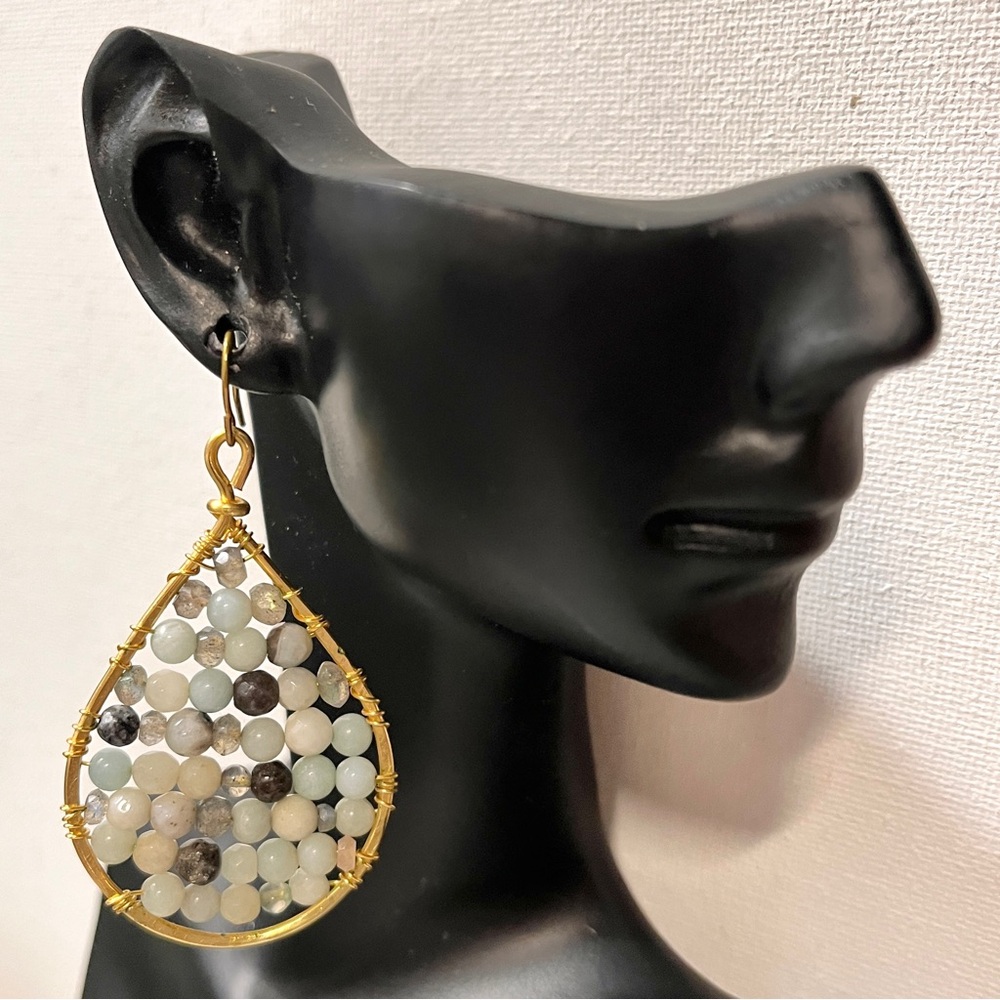 Goldtone Wire wrapped round stones in teardrop earrings 1 1/4" x 2 1/8" Dangles